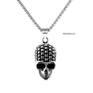 Cornrow Corn Rows Smiling Skull Pendant & 60cm Stainless Steel Round Box Chain